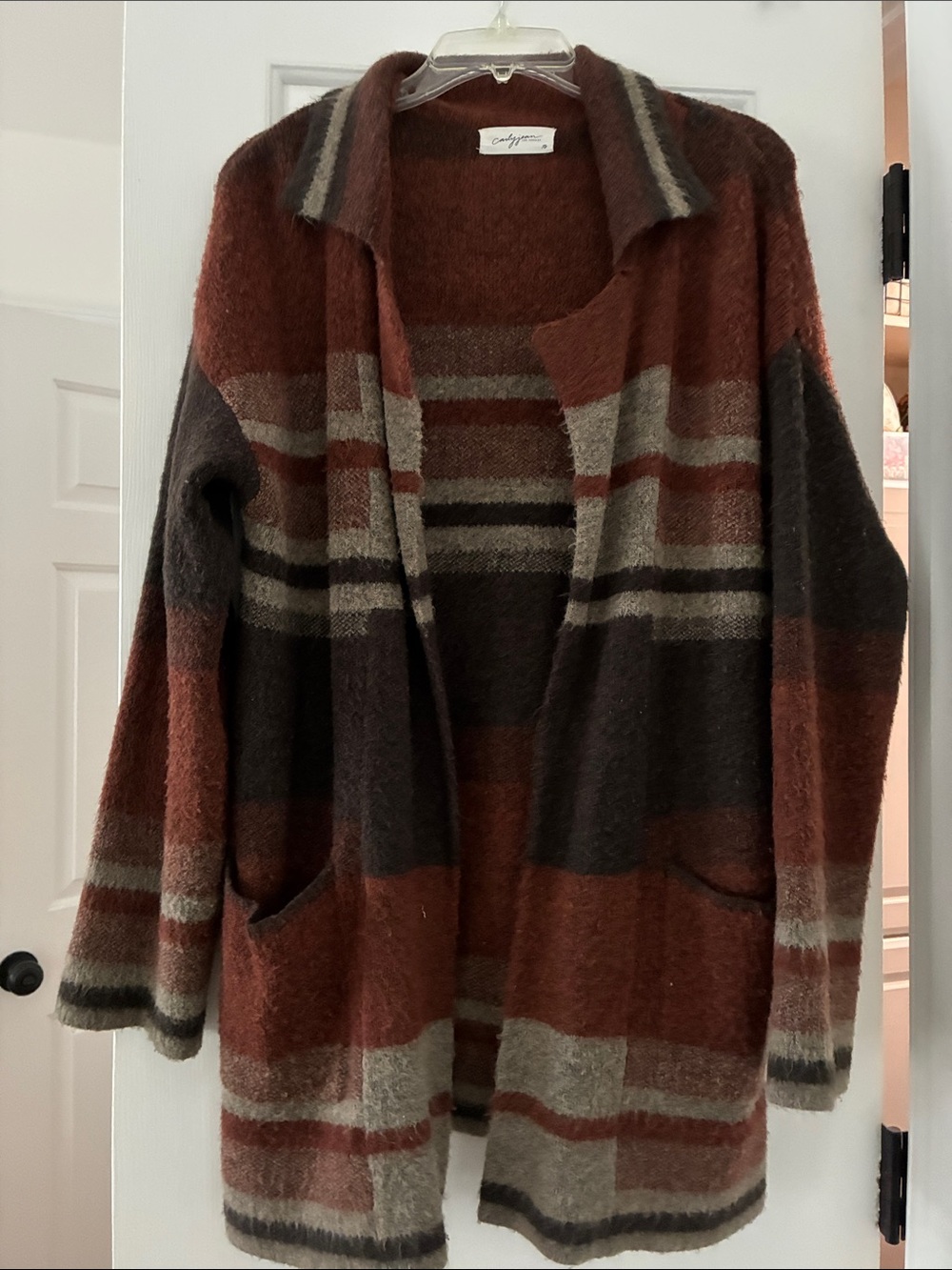 Carly Jean Los Angeles Rust, Brown & Gray Striped Open Cardigan